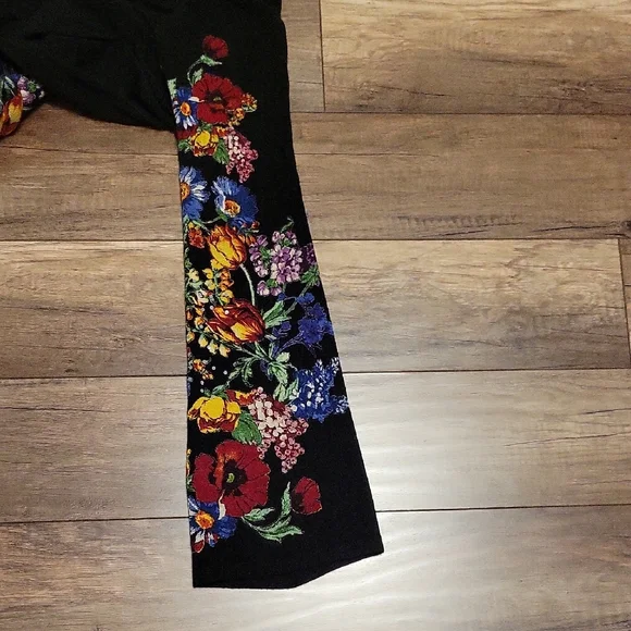 EUC Desigual Black V-Neck Top with Multicolor Floral Bell-Sleeves - Picture 5 of 6